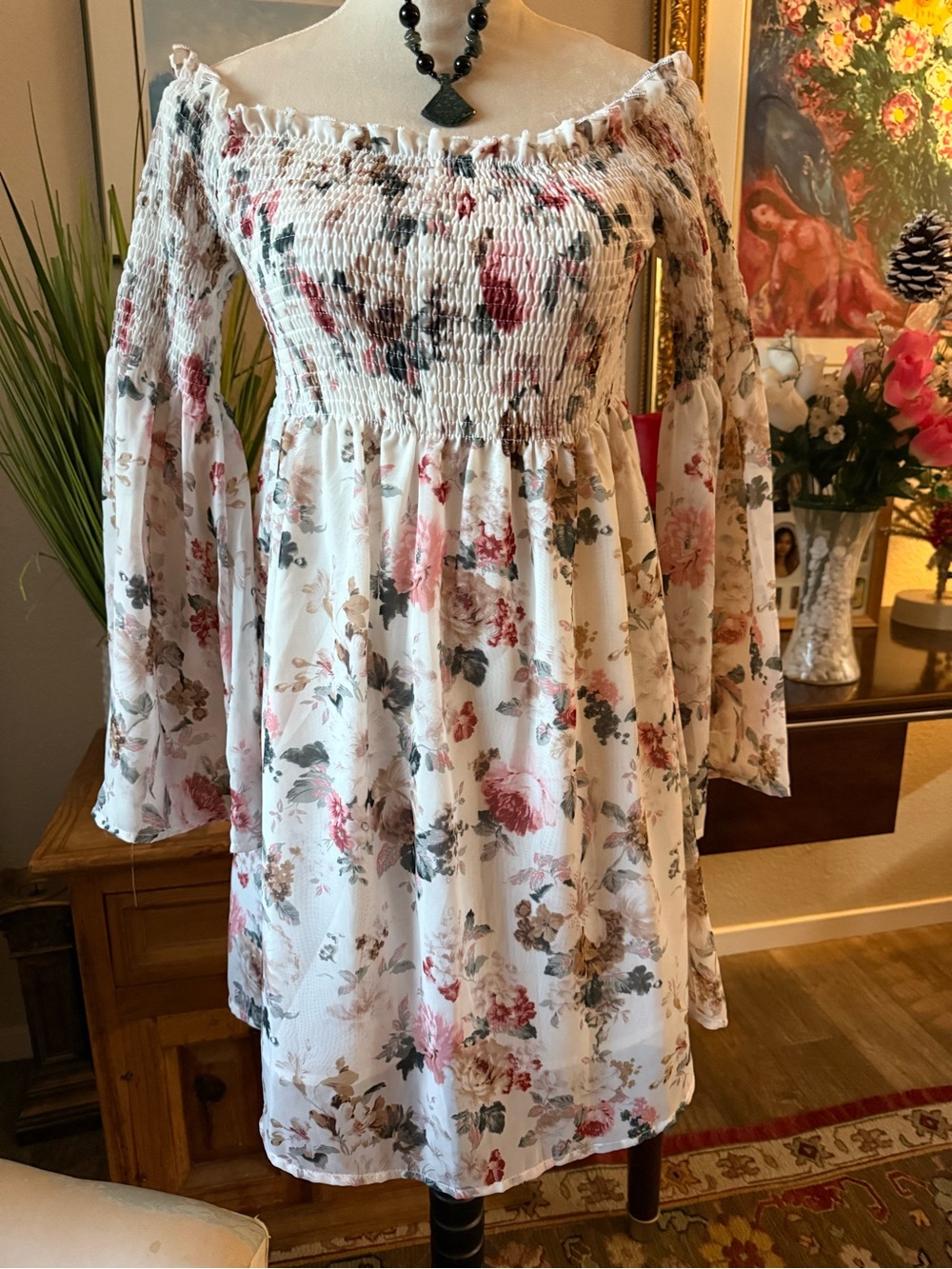 Girls Floral Off-Shoulder Smocked Dress - White with Pink & Green Floral